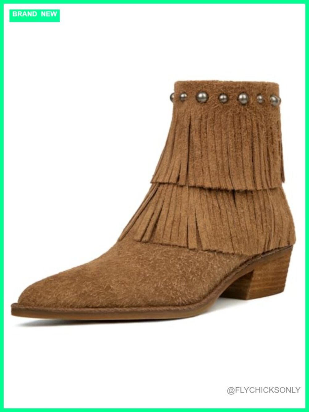 Genuine Suede Ankle Boots Pointed Toe Studded Fringe Western Booties